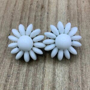 West Germany Vintage Milk Glass White Flower Clipped Earrings